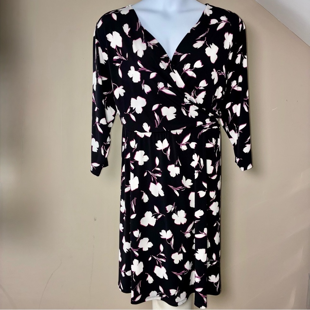 Lane Bryant Faux Wrap Midi Dress Stretchy Black White & Pink 22/24 NWT Floral